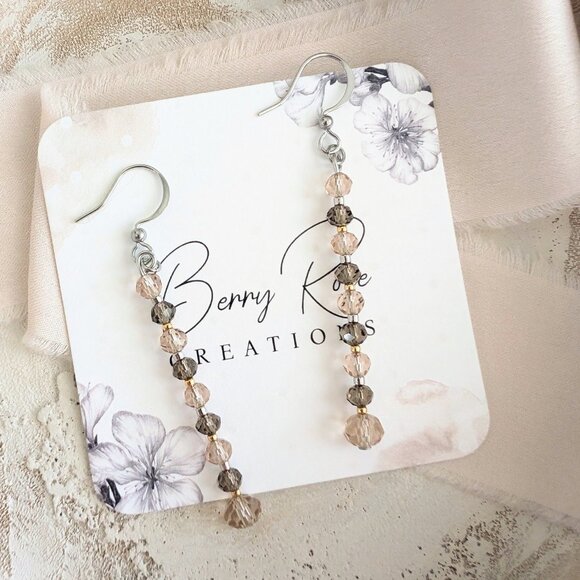 Neutral Faceted Glass Sparkle Dainty Drop Dangle Handmade Earrings - Picture 2 of 3